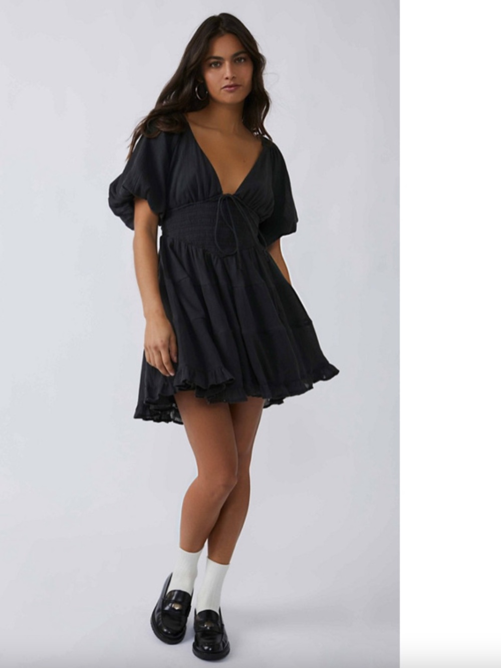 NEW FREE PEOPLE Washed Black PERFECT DAY Cotton Gauze TIERED Tie Mini DRESS XS - Picture 6 of 16